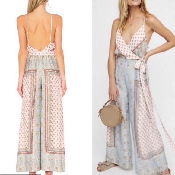 Free People Cabbage Rose Scarf Print Wide Leg Satin Jumpsuit Neutral Combo - 6 - Picture 1 of 10
